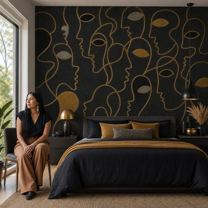 Abstract Faces Wallpaper Gold Line Art Modern Mural Removable Wall Decor