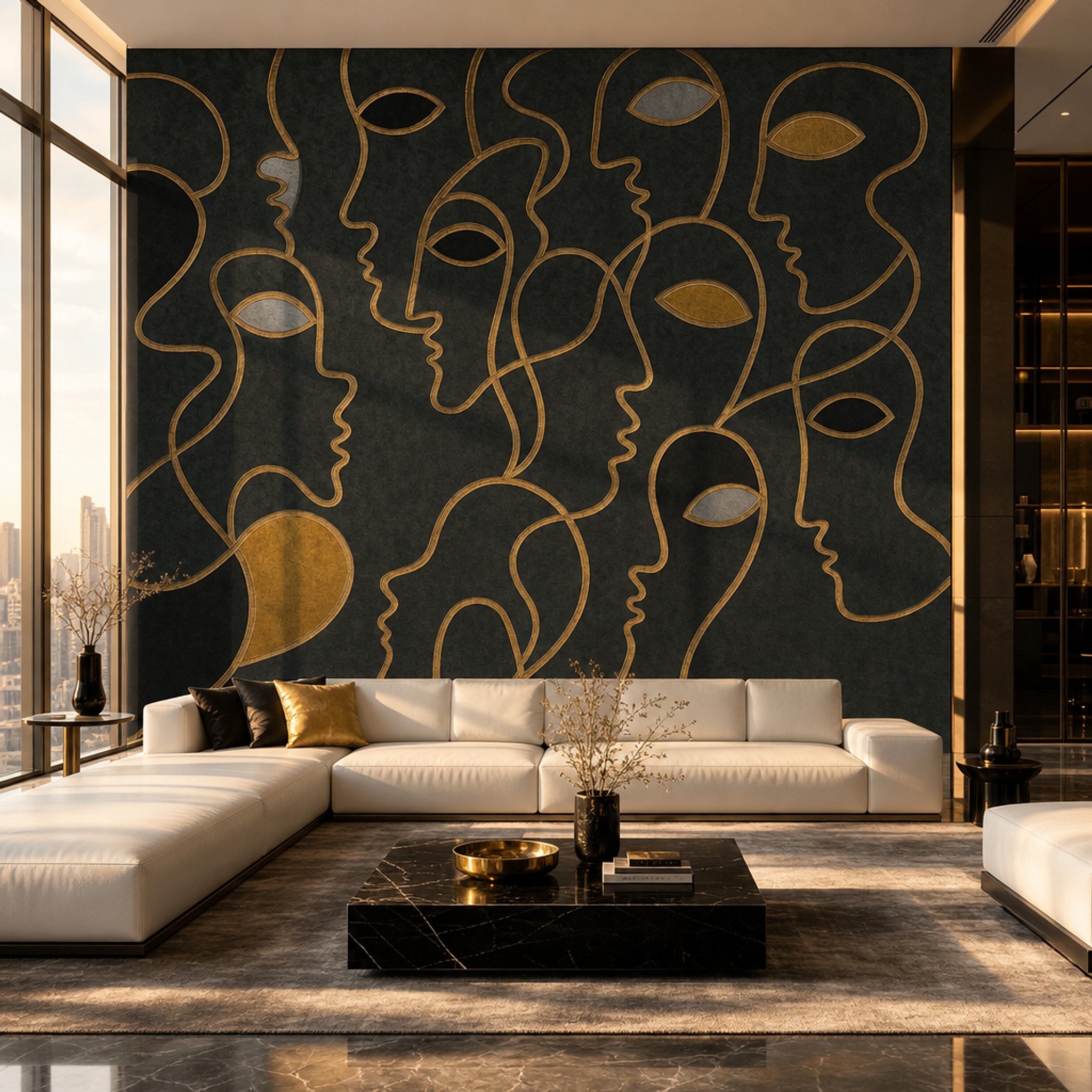 Abstract Faces Wallpaper Gold Line Art Modern Mural Removable Wall Decor