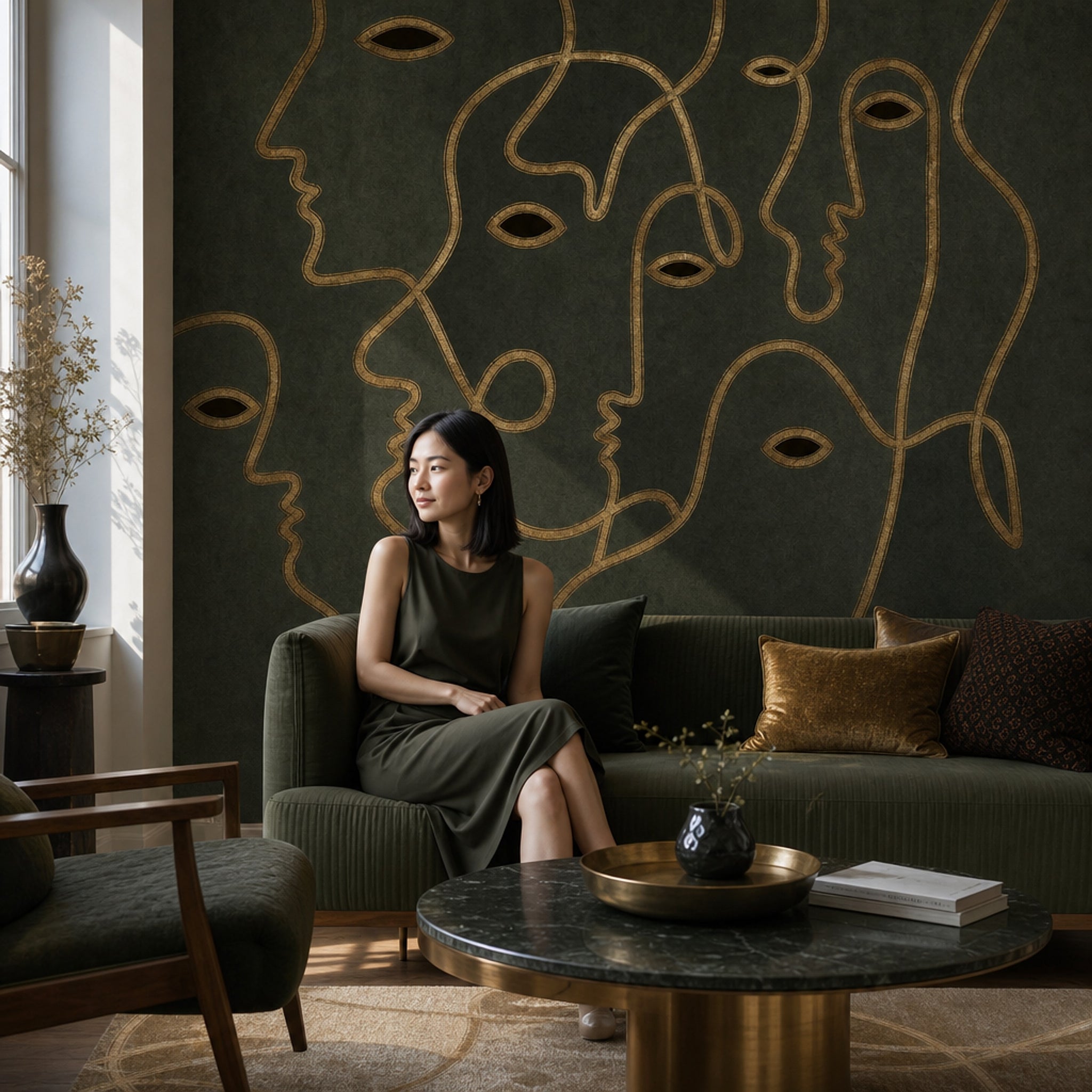 Line Art Faces Wallpaper Gold Outline Moody Wallpaper Wall Mural