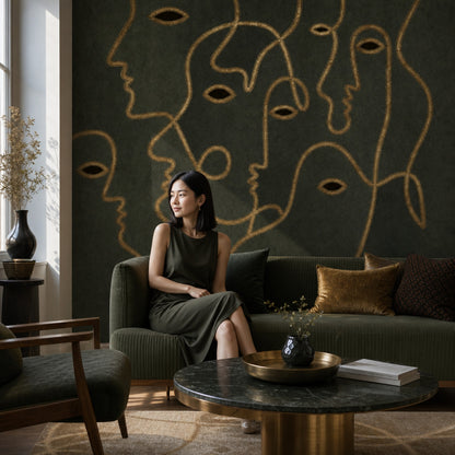 Line Art Faces Wallpaper Gold Outline Moody Wallpaper Wall Mural
