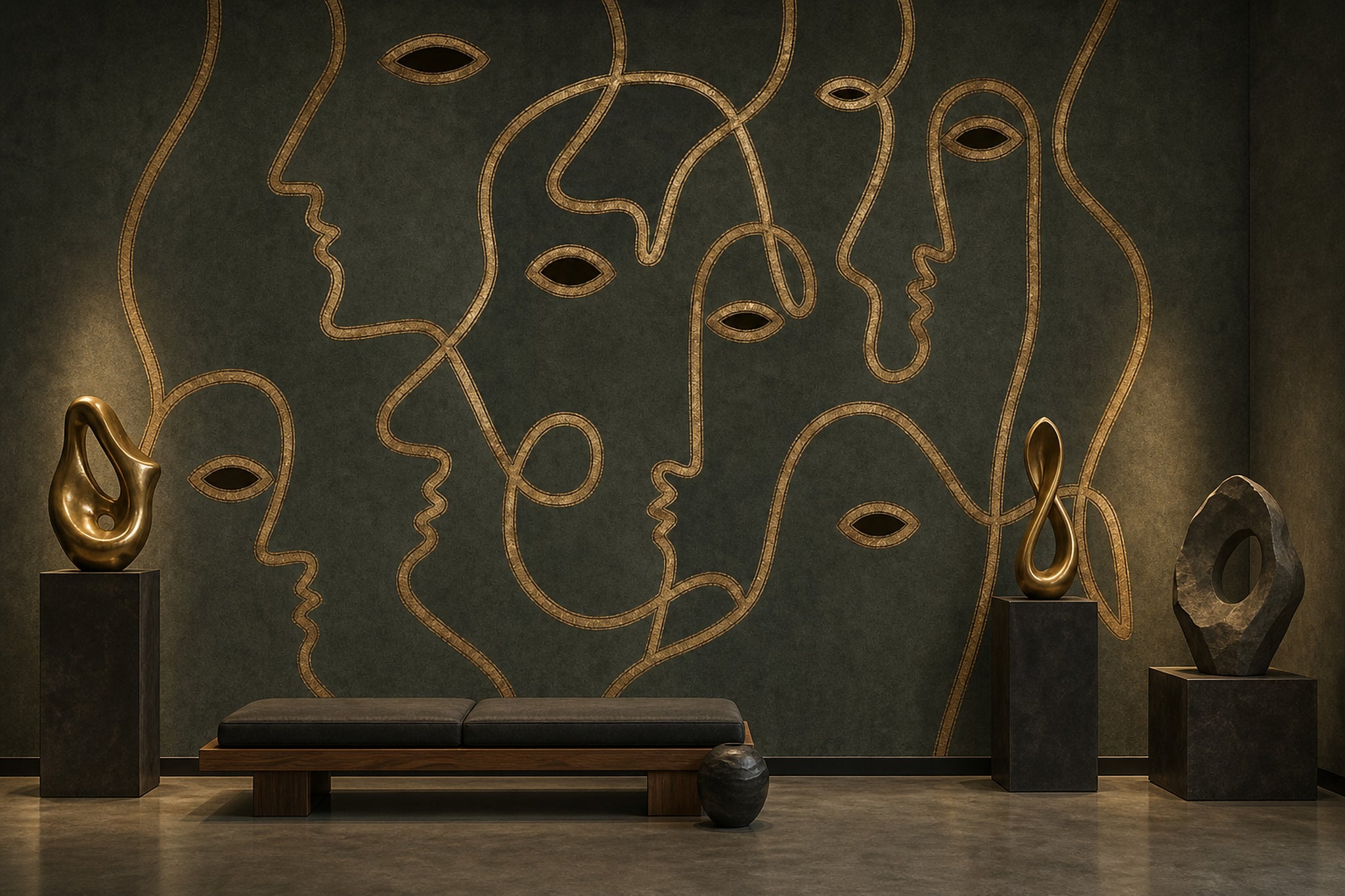 Line Art Faces Wallpaper Gold Outline Moody Wallpaper Wall Mural