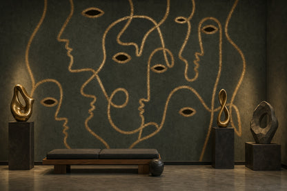Line Art Faces Wallpaper Gold Outline Moody Wallpaper Wall Mural
