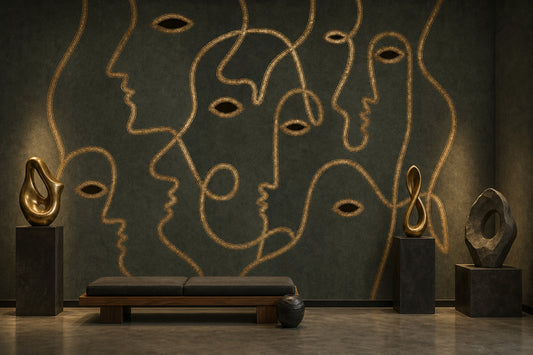 Line Art Faces Wallpaper Gold Outline Moody Wallpaper Wall Mural