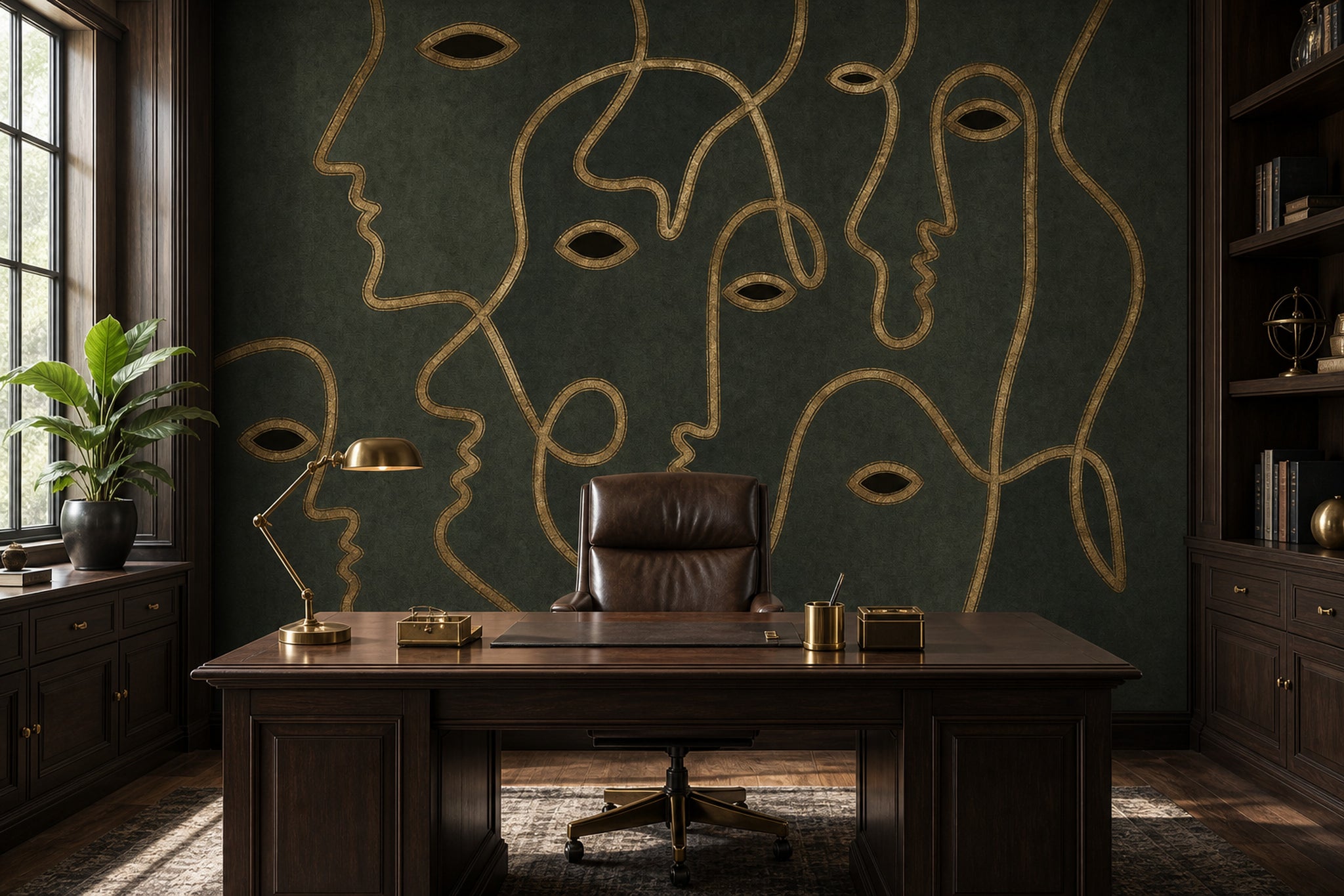 Line Art Faces Wallpaper Gold Outline Moody Wallpaper Wall Mural