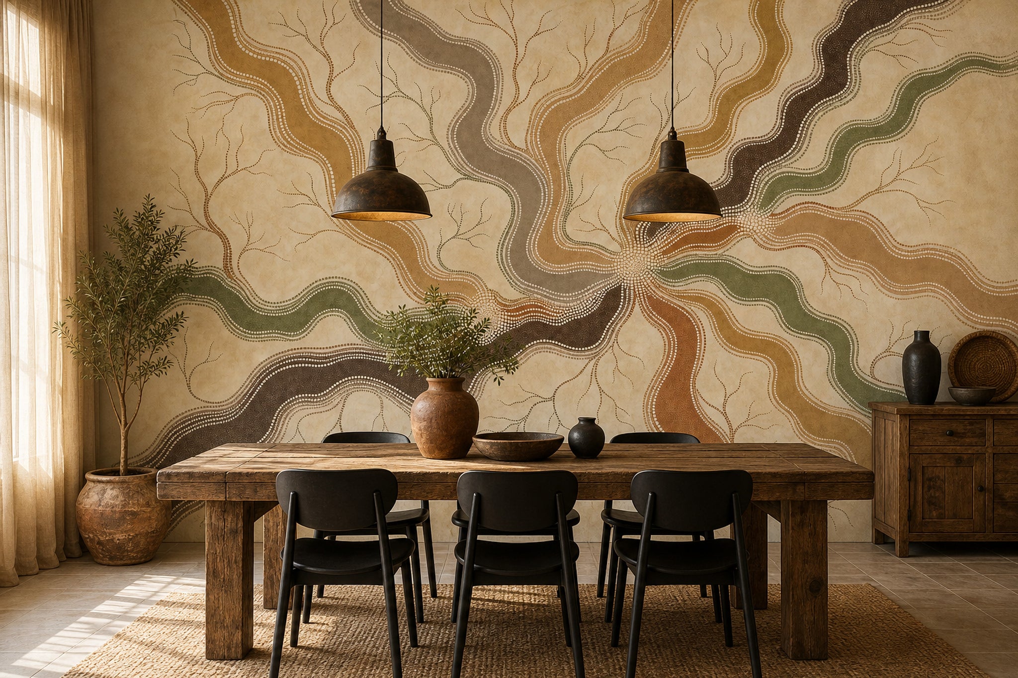 Topographic Wallpaper River Like Lines Dot Painting Wall Mural
