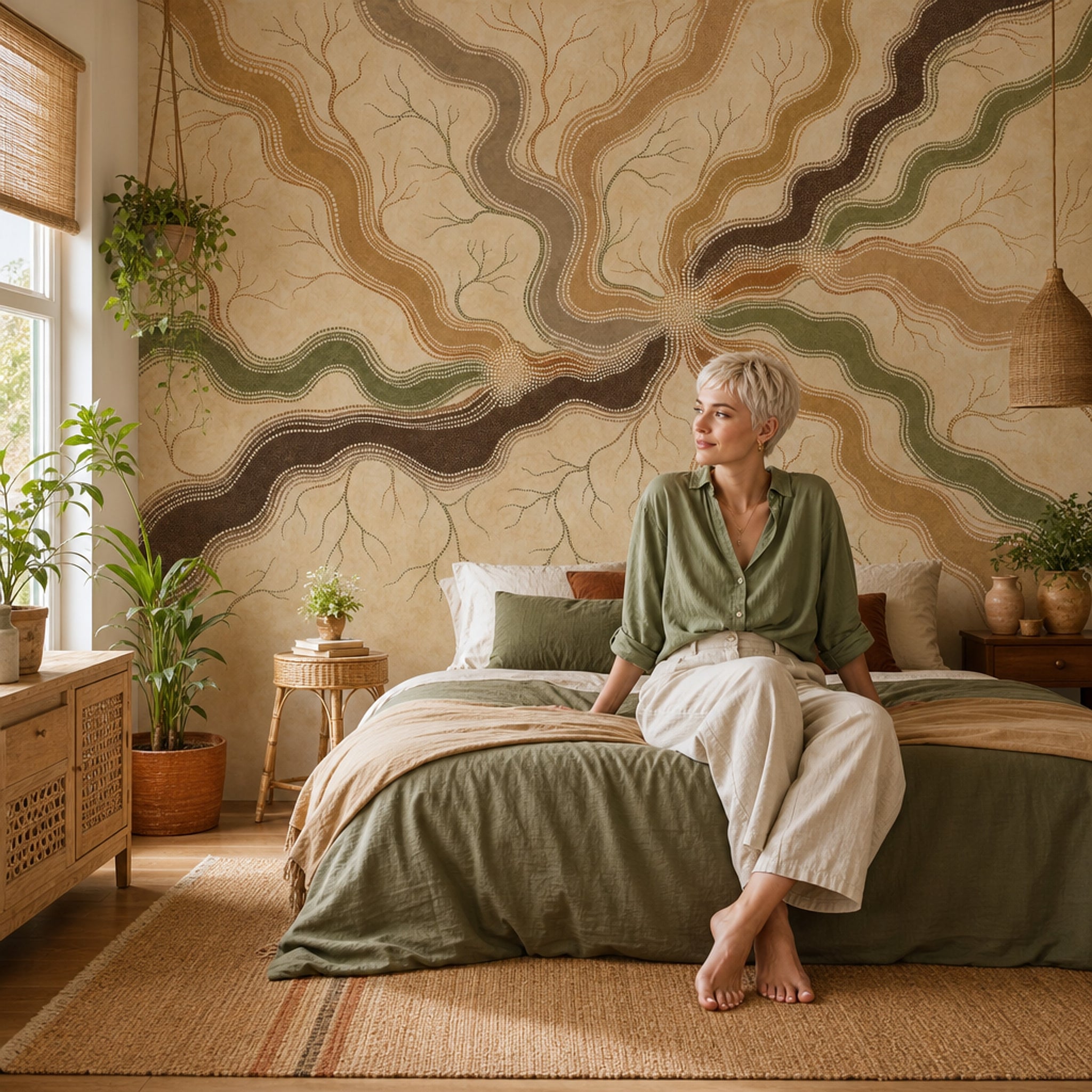 Topographic Wallpaper River Like Lines Dot Painting Wall Mural