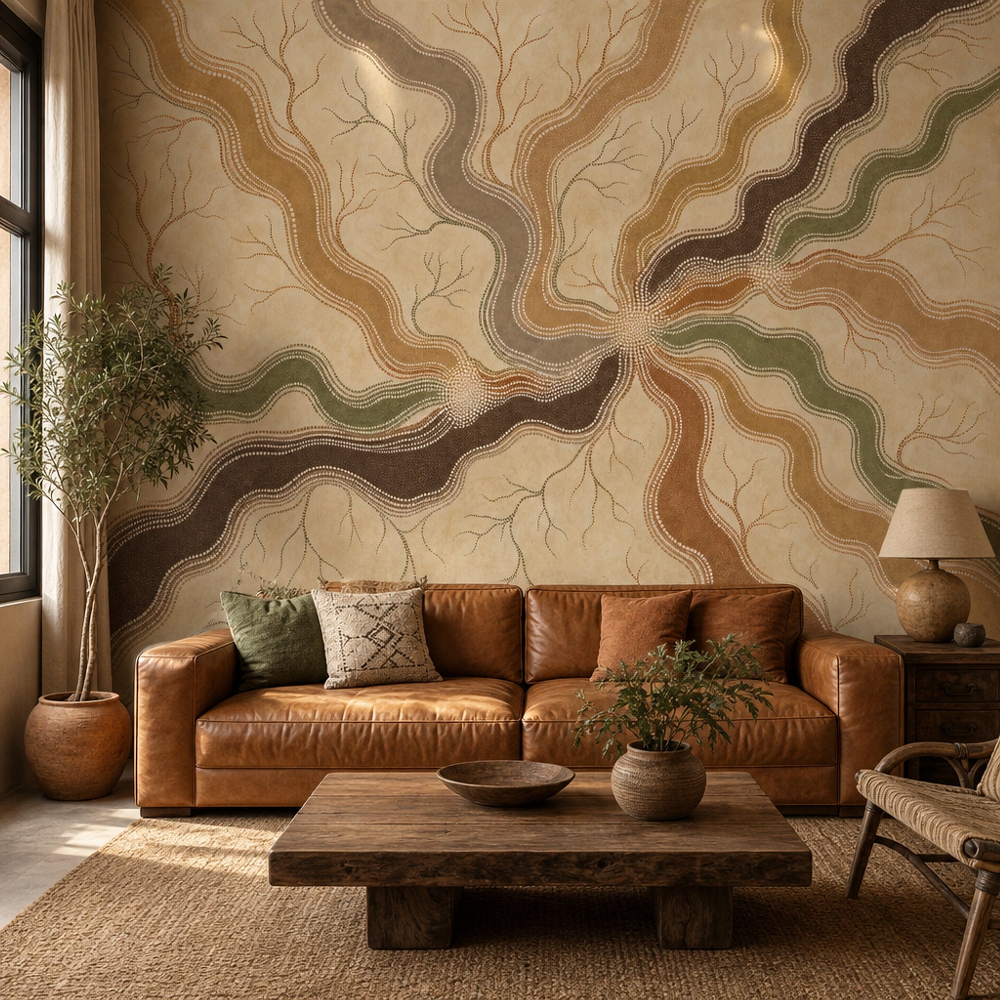 Topographic Wallpaper River Like Lines Dot Painting Wall Mural