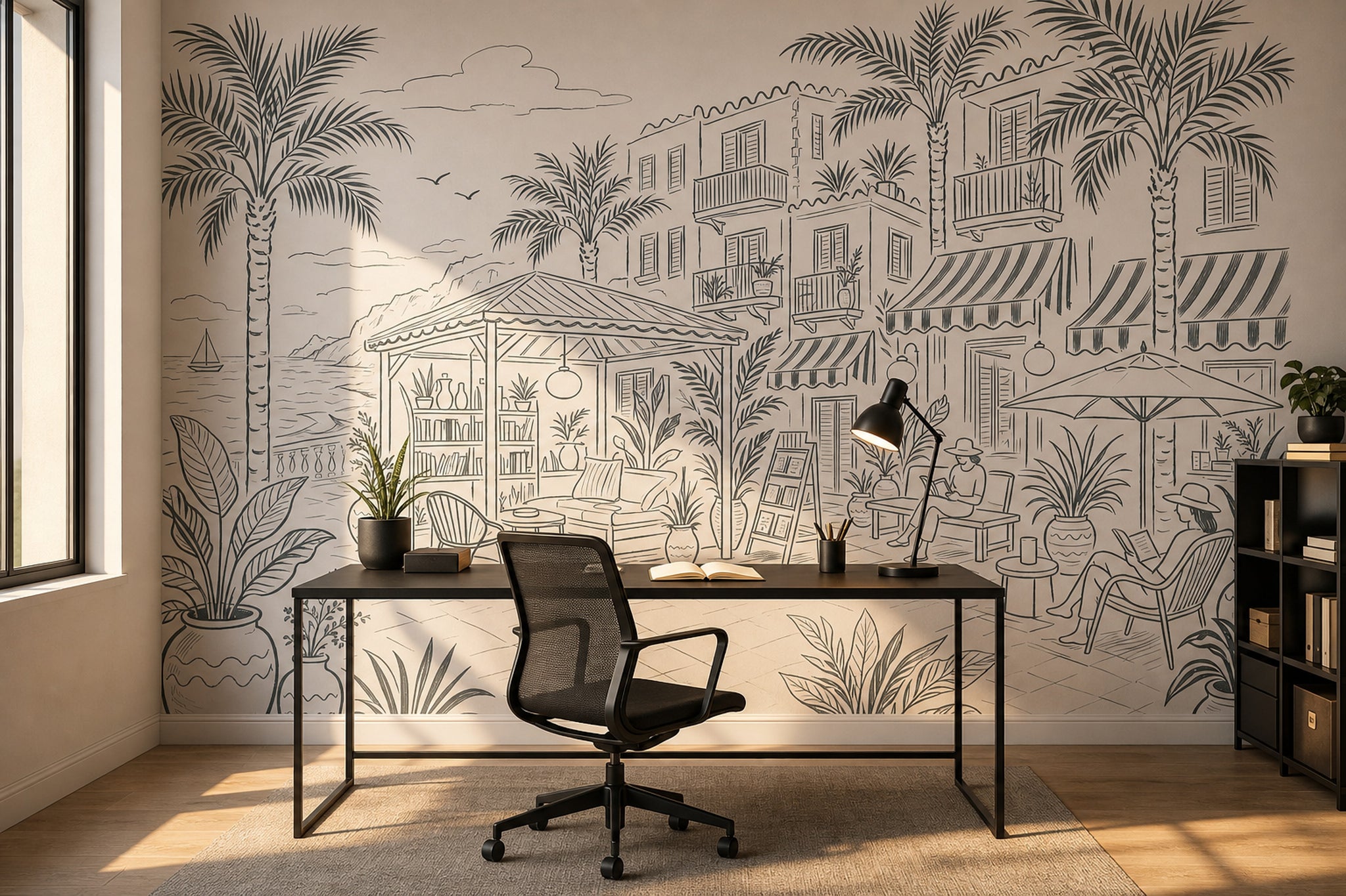Mediterranean Coastal Terrace Wallpaper Seaside Resort Removable Palm Trees Wall Decor