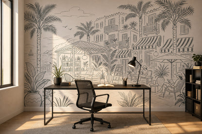 Mediterranean Coastal Terrace Wallpaper Seaside Resort Removable Palm Trees Wall Decor