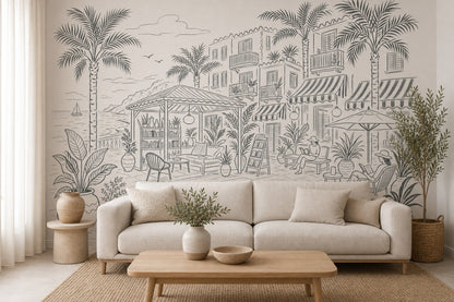 Mediterranean Coastal Terrace Wallpaper Seaside Resort Removable Palm Trees Wall Decor