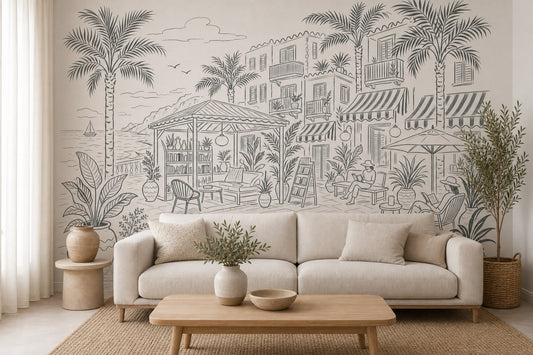 Mediterranean Coastal Terrace Wallpaper Seaside Resort Removable Palm Trees Wall Decor