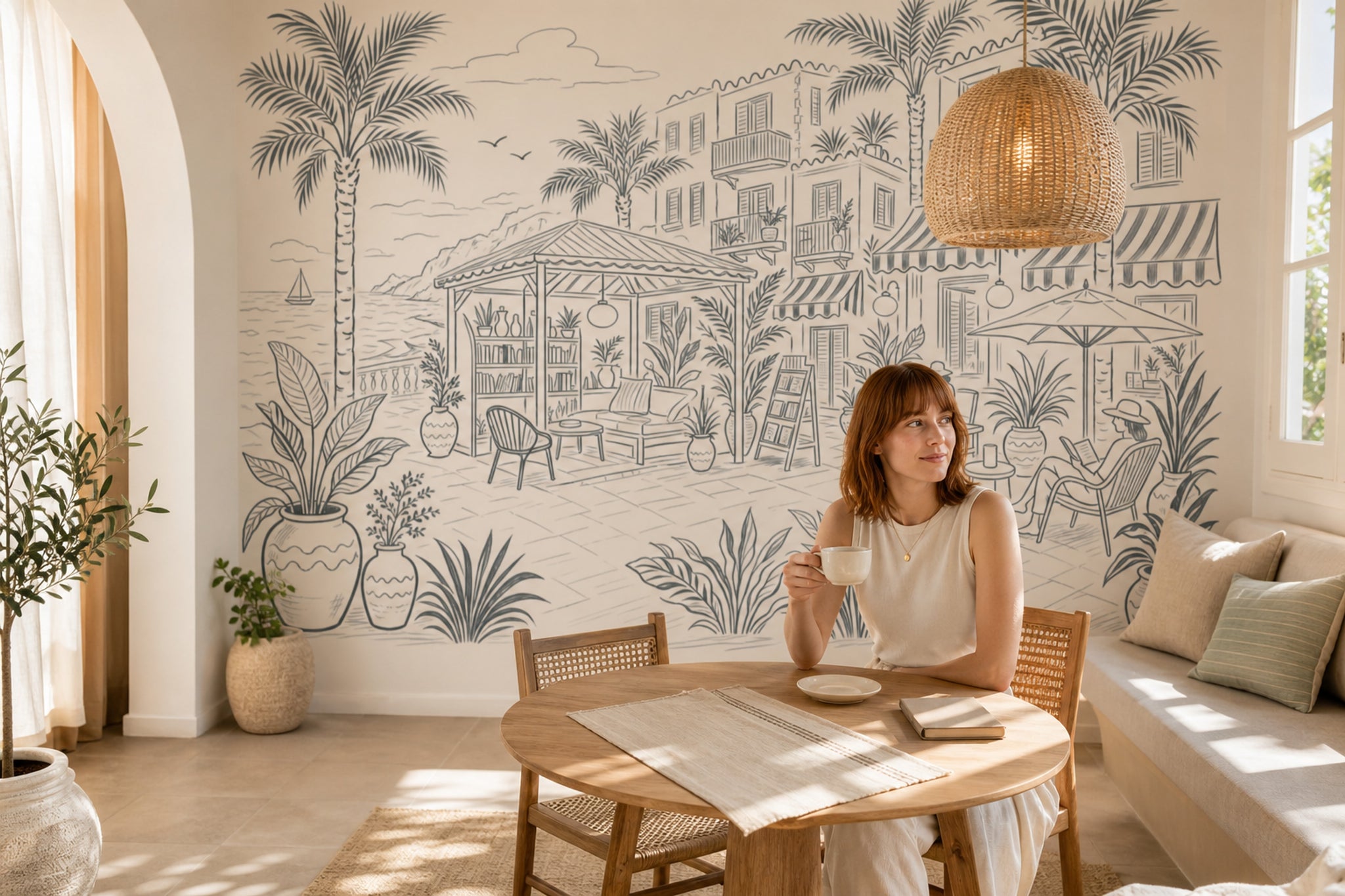 Mediterranean Coastal Terrace Wallpaper Seaside Resort Removable Palm Trees Wall Decor