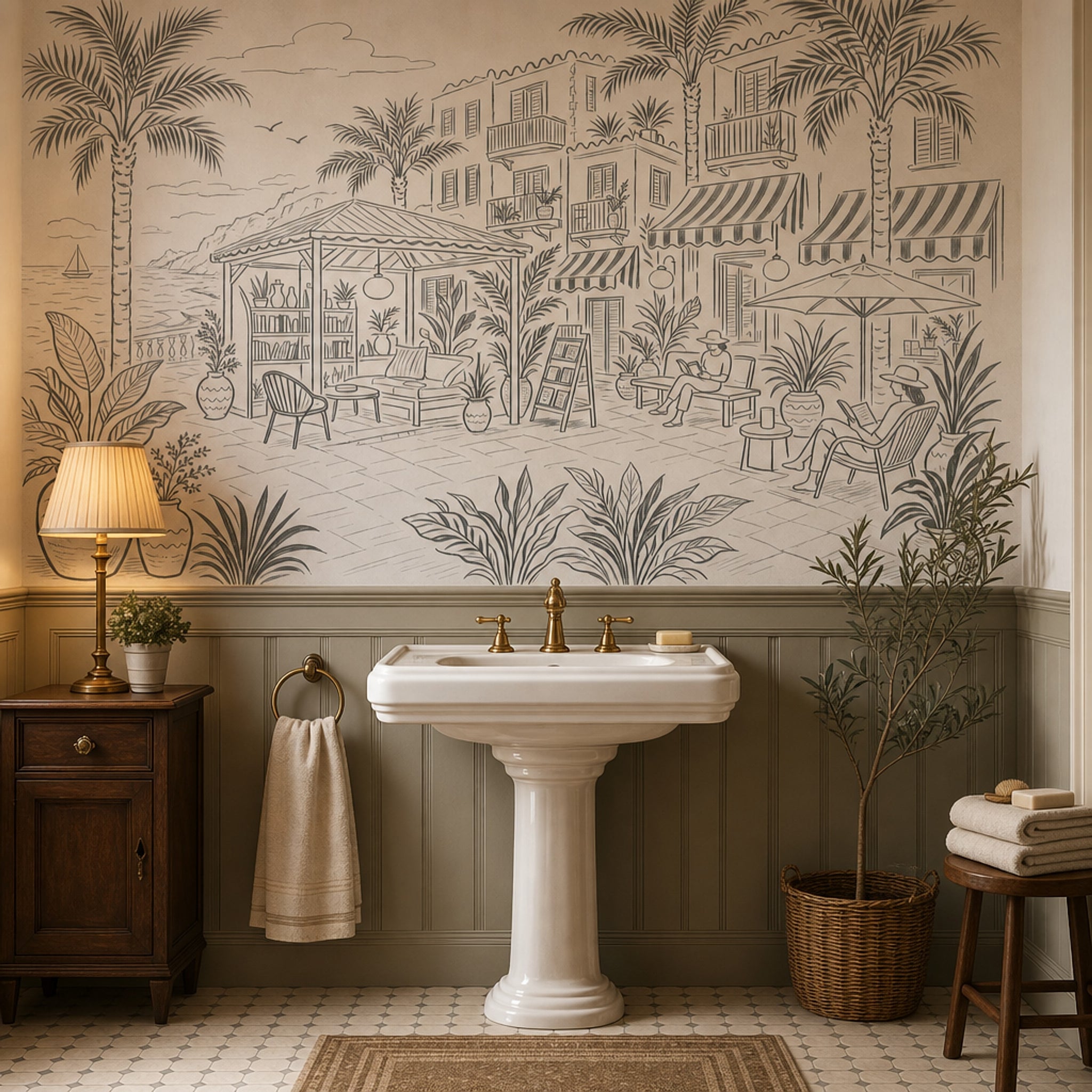 Mediterranean Coastal Terrace Wallpaper Seaside Resort Removable Palm Trees Wall Decor