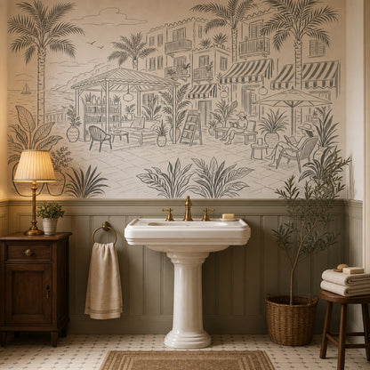 Mediterranean Coastal Terrace Wallpaper Seaside Resort Removable Palm Trees Wall Decor