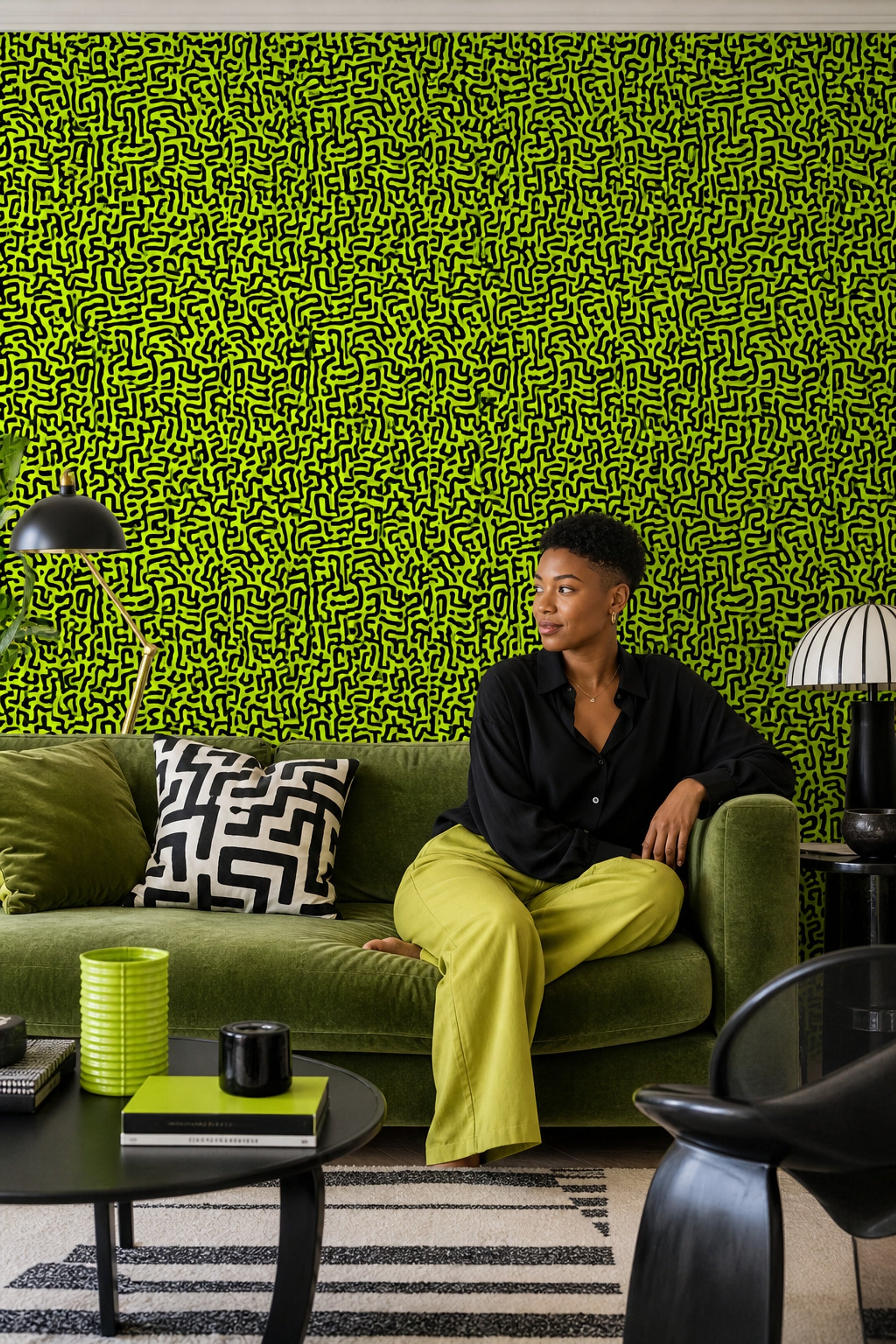 Labyrinth Wallpaper Neon Green Removable Black Squiggles Wall Double Roll