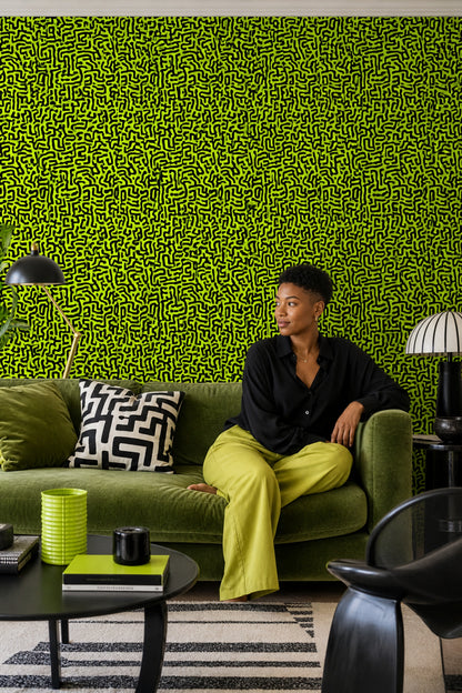 Labyrinth Wallpaper Neon Green Removable Black Squiggles Wall Double Roll