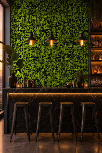 Labyrinth Wallpaper Neon Green Removable Black Squiggles Wall Double Roll