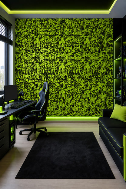 Labyrinth Wallpaper Neon Green Removable Black Squiggles Wall Double Roll