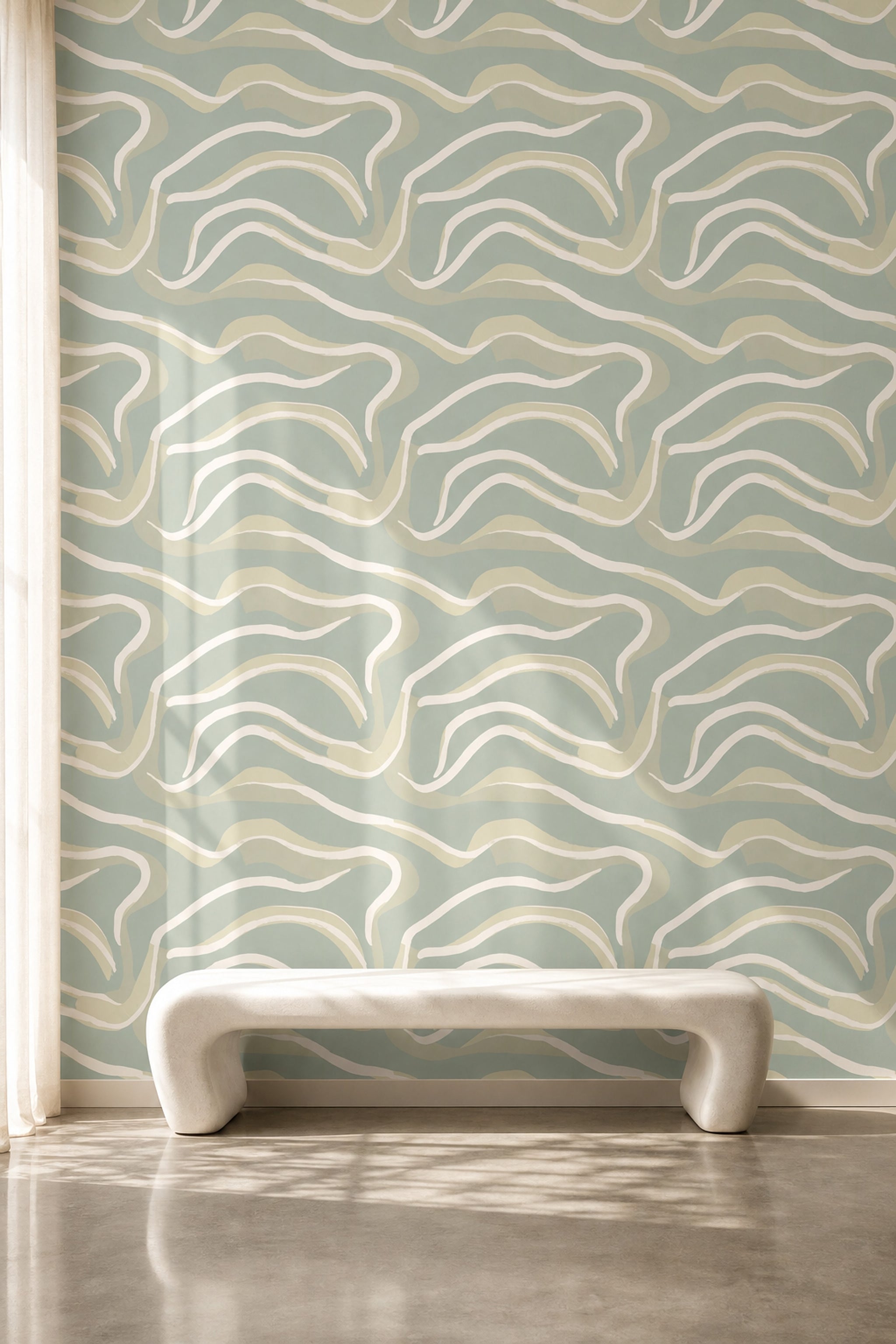 Abstract Waves Wallpaper Sage Green Organic Curves Decorative Mural