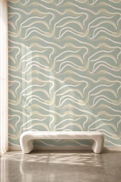 Abstract Waves Wallpaper Sage Green Organic Curves Decorative Mural