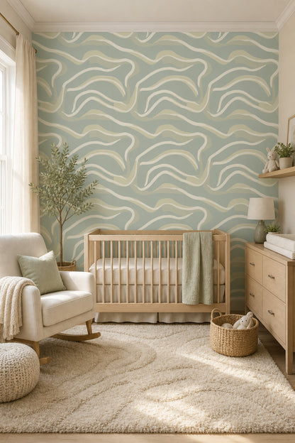 Abstract Waves Wallpaper Sage Green Organic Curves Decorative Mural