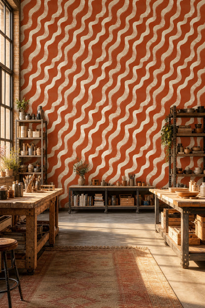 Wavy Stripes Wallpaper Terracotta Orange Removable Cream Brushstroke Wall Double Roll