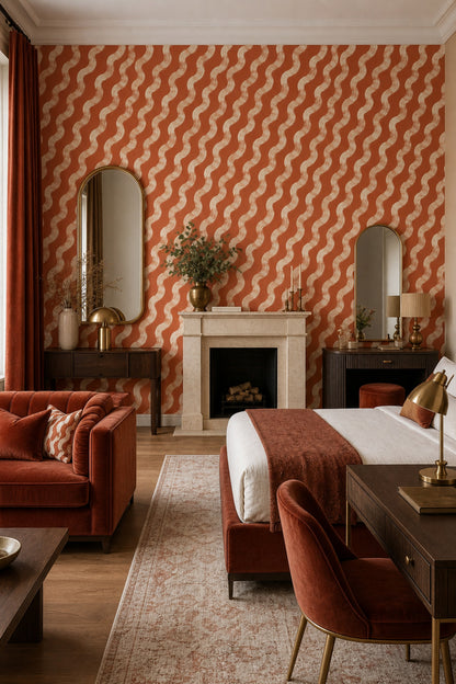 Wavy Stripes Wallpaper Terracotta Orange Removable Cream Brushstroke Wall Double Roll