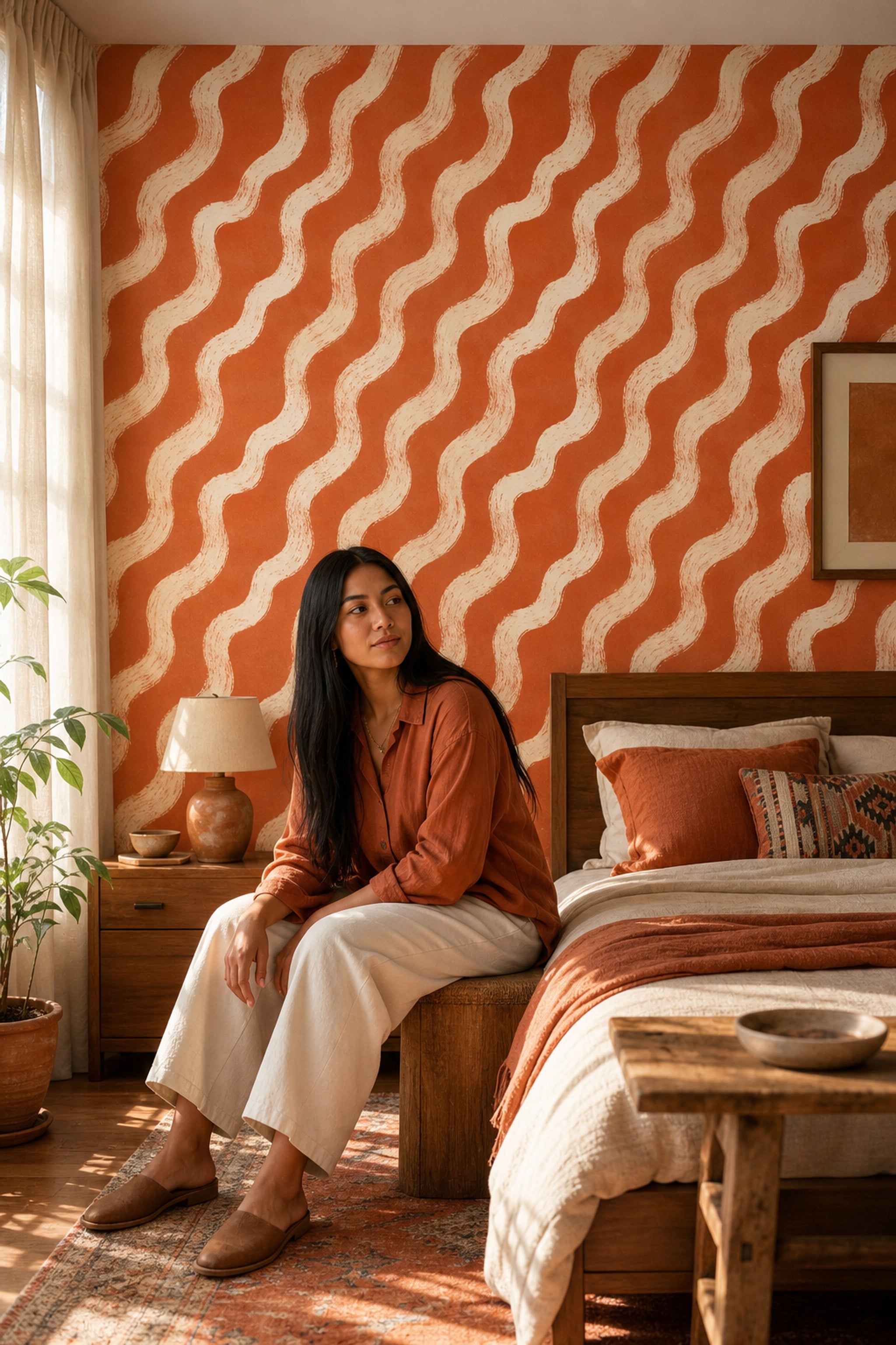 Wavy Stripes Wallpaper Terracotta Orange Removable Cream Brushstroke Wall Double Roll