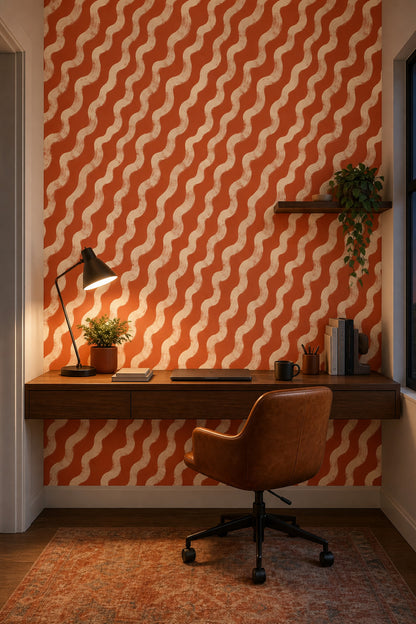 Wavy Stripes Wallpaper Terracotta Orange Removable Cream Brushstroke Wall Double Roll