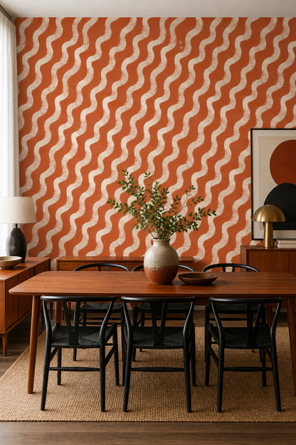 Wavy Stripes Wallpaper Terracotta Orange Removable Cream Brushstroke Wall Double Roll