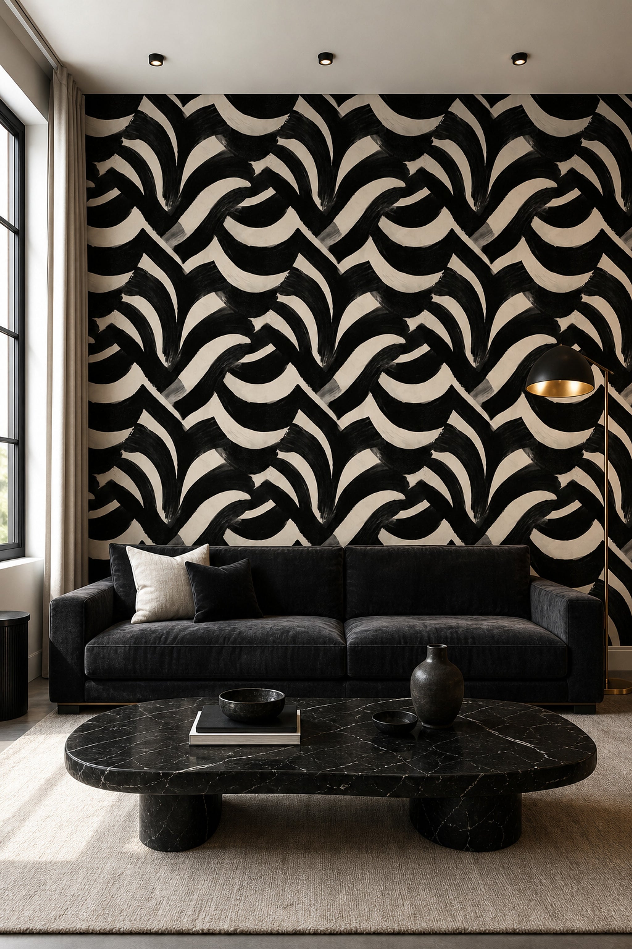 Black And Cream Wallpaper Bold Brushstrokes Graphic Modern Decorative Mural