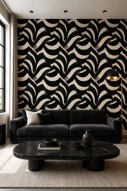 Black And Cream Wallpaper Bold Brushstrokes Graphic Modern Decorative Mural