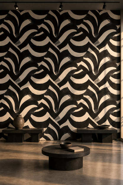 Black And Cream Wallpaper Bold Brushstrokes Graphic Modern Decorative Mural