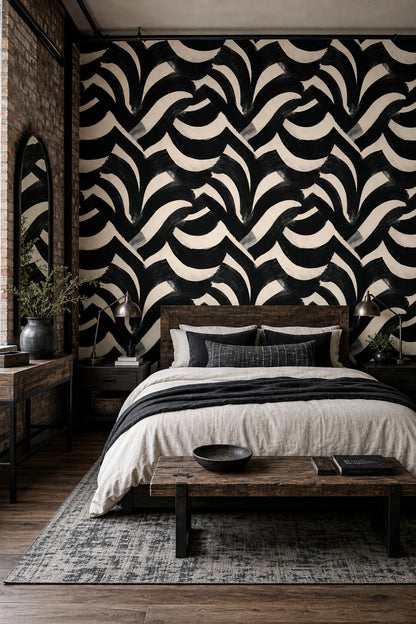 Black And Cream Wallpaper Bold Brushstrokes Graphic Modern Decorative Mural