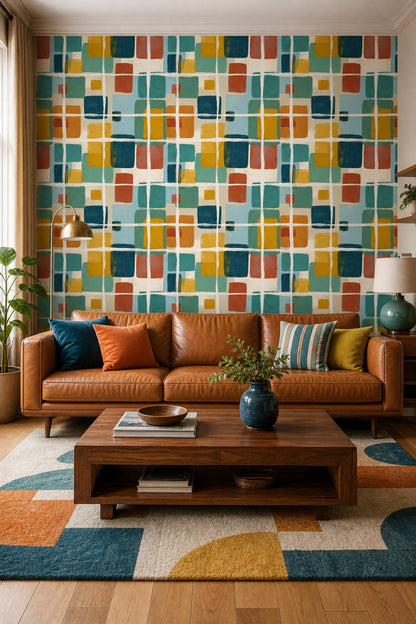 Mid Century Modern Wallpaper Geometric Shapes Removable Abstract Wall Double Roll