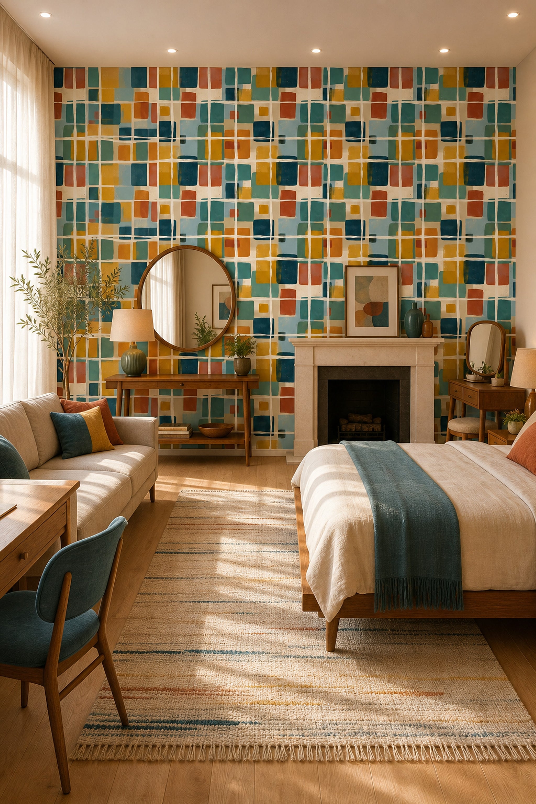 Mid Century Modern Wallpaper Geometric Shapes Removable Abstract Wall Double Roll