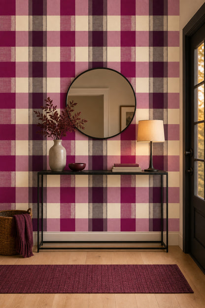 Plaid Wallpaper Checkered Burgundy Decorative Mural