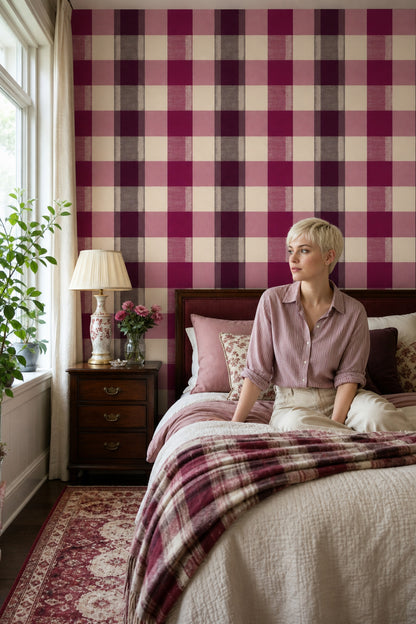Plaid Wallpaper Checkered Burgundy Decorative Mural
