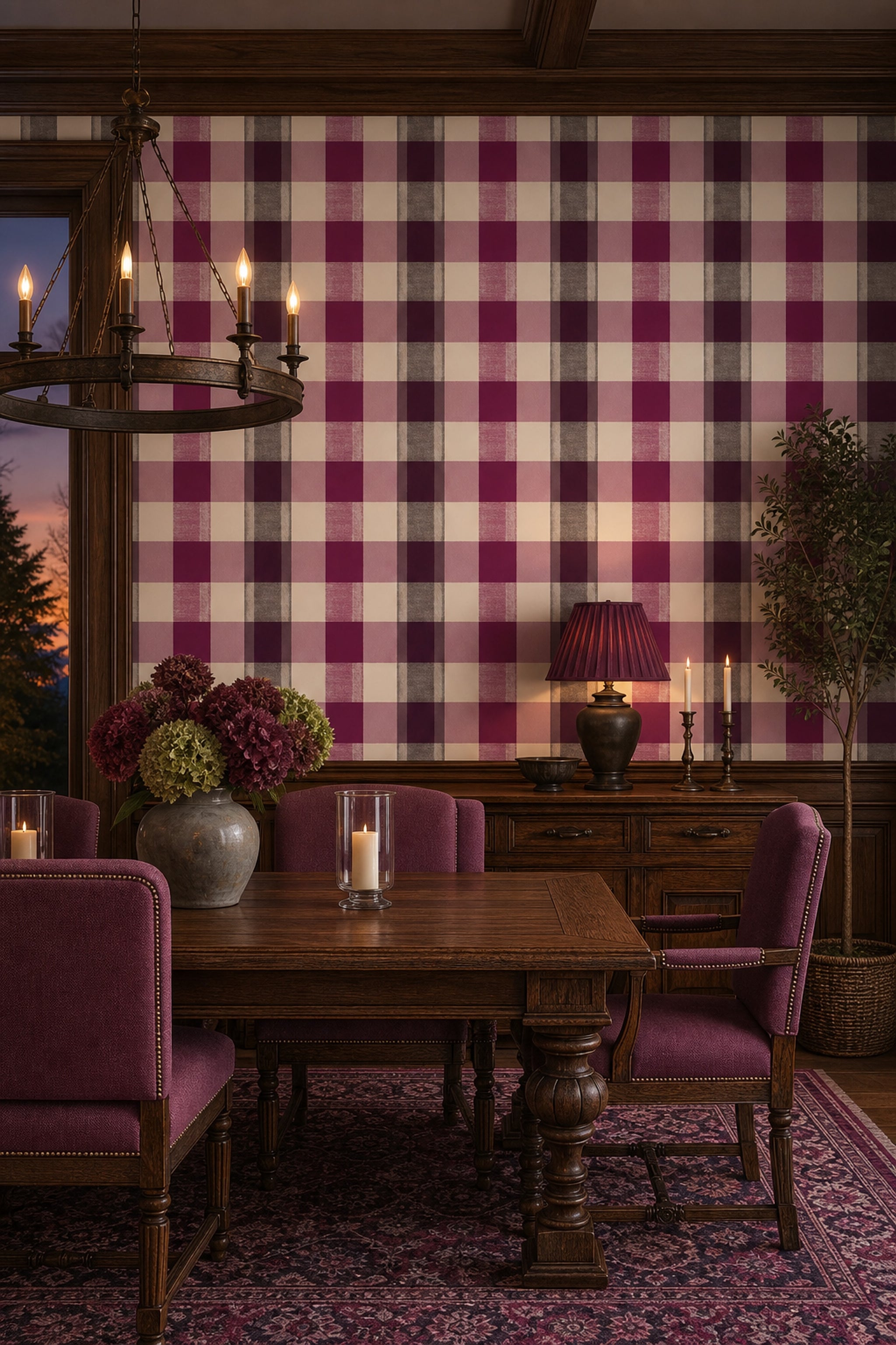 Plaid Wallpaper Checkered Burgundy Decorative Mural