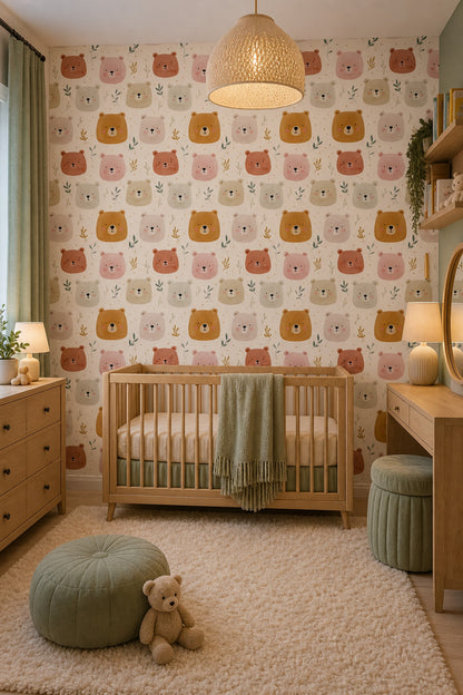 Watercolor Bears Wallpaper Nursery Wallpaper Cute Animal Faces Decorative Mural