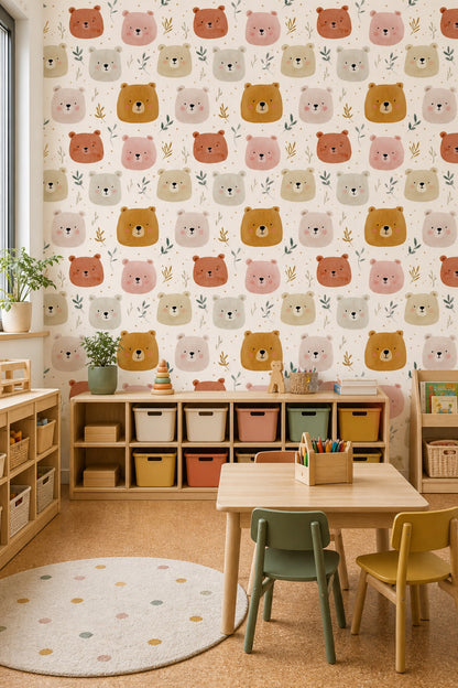 Watercolor Bears Wallpaper Nursery Wallpaper Cute Animal Faces Decorative Mural