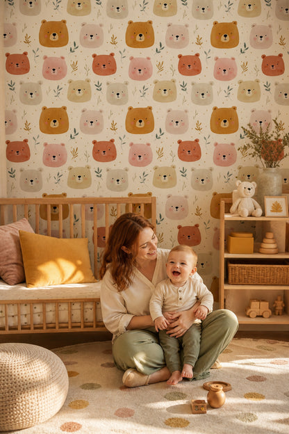Watercolor Bears Wallpaper Nursery Wallpaper Cute Animal Faces Decorative Mural
