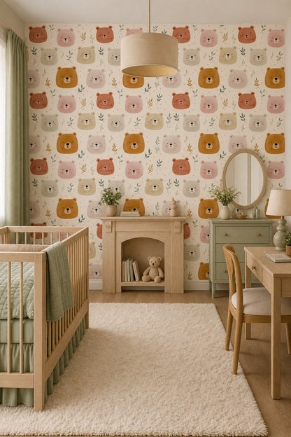 Watercolor Bears Wallpaper Nursery Wallpaper Cute Animal Faces Decorative Mural