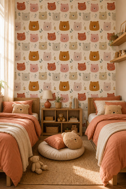 Watercolor Bears Wallpaper Nursery Wallpaper Cute Animal Faces Decorative Mural