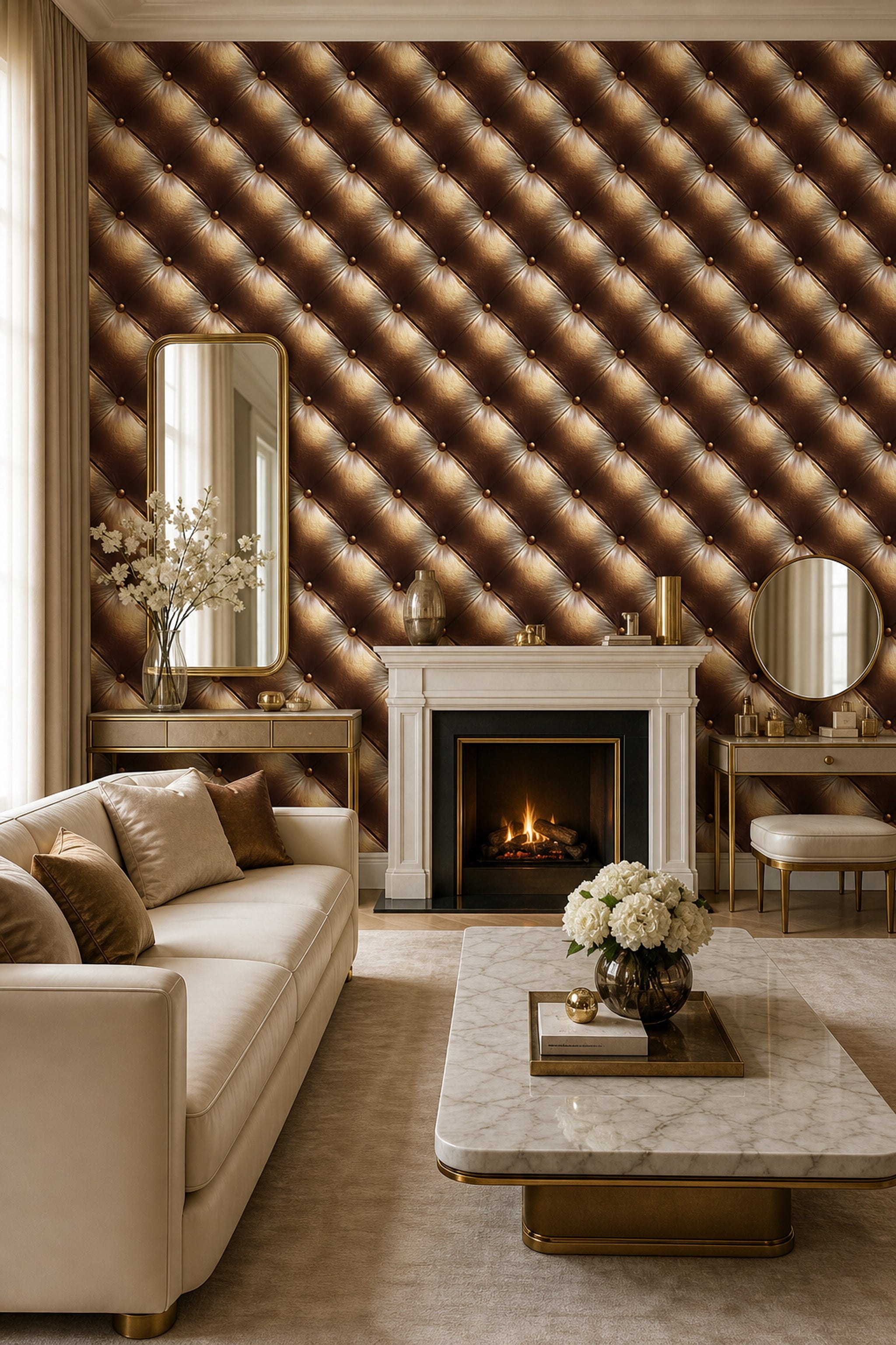 Gold Tufted Leather Wallpaper Diamond Quilted Removable Upholstery Texture Wall Double Roll