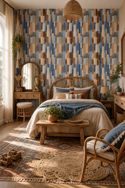 Abstract Watercolor Wallpaper Vertical Brushstrokes Blue And Neutral Palette Decorative Mural