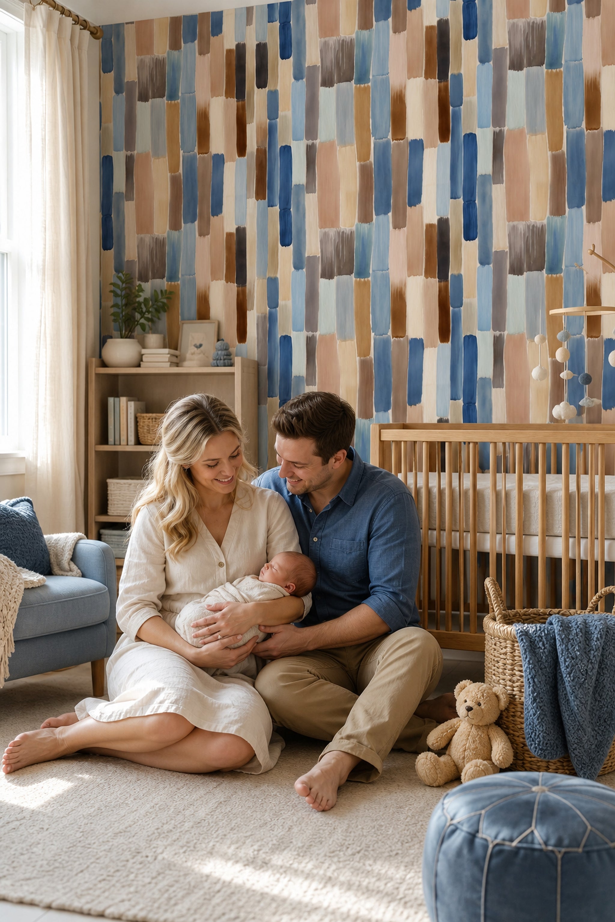 Abstract Watercolor Wallpaper Vertical Brushstrokes Blue And Neutral Palette Decorative Mural
