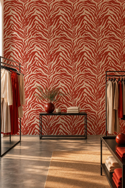 Red Zebra Stripes Wallpaper Animal Print Abstract Brushstroke Removable Wall Decor
