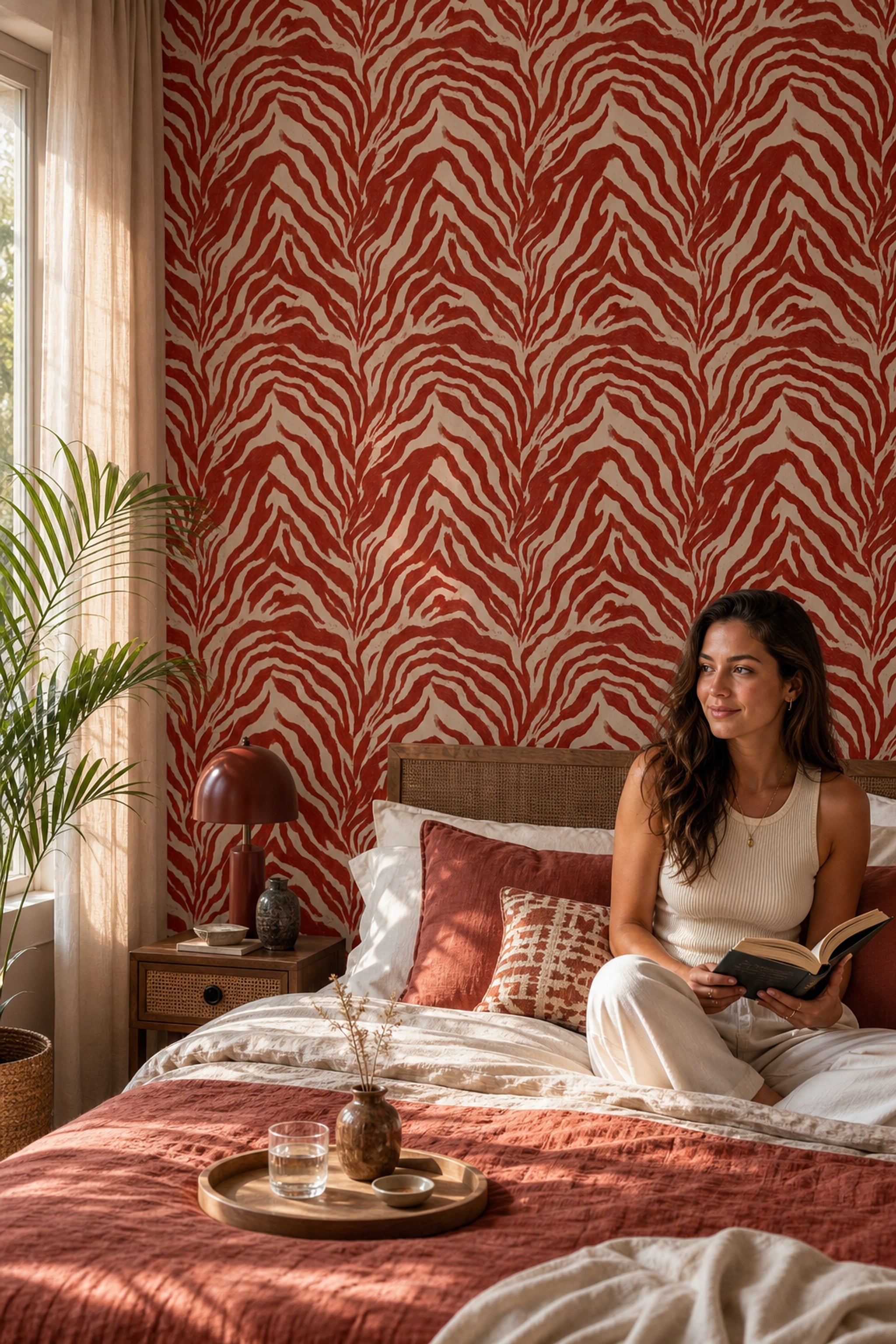 Red Zebra Stripes Wallpaper Animal Print Abstract Brushstroke Removable Wall Decor