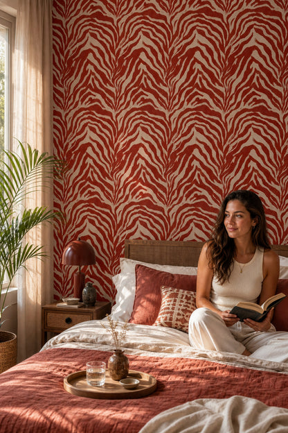Red Zebra Stripes Wallpaper Animal Print Abstract Brushstroke Removable Wall Decor